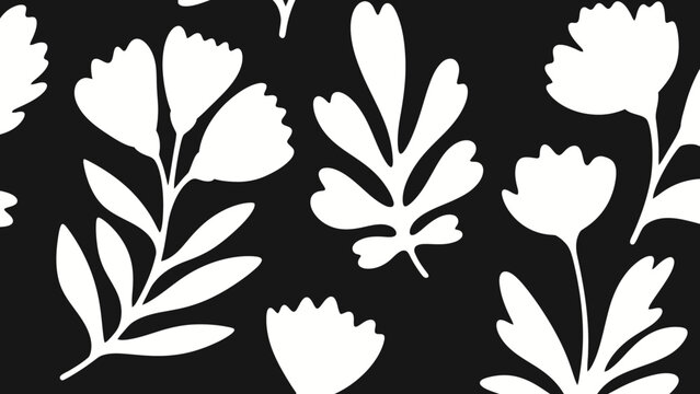 Black and white floral pattern with stylized flowers and leaves.