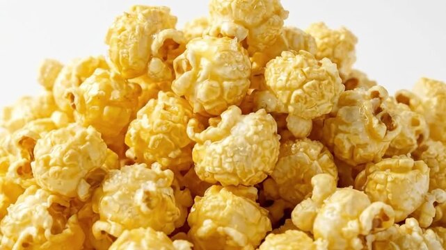 A tantalizing close-up shot captures a generous pile of golden, glazed popcorn, glistening under bright, clean lighting against a pristine white background. Each fluffy kernel is visibly coated in a r