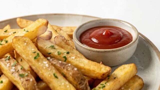 A tantalizing close-up shot captures a generous serving of perfectly golden-brown french fries, artfully arranged on a rustic ceramic plate. Each crispy potato fry is speckled with coarse sea salt fla