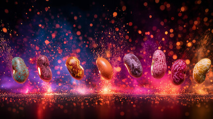 Colorful bean varieties exploding like fireworks against starry backdrop, bursting into glowing life-energy particles.