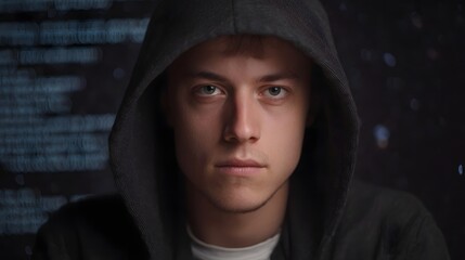 Young man in a dark hoodie looking forward with a digital code background