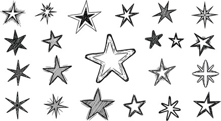 Obraz premium Star doodle icon sparkle sketch set. Hand drawn doodle stars, sparkles in rough line sketch style. Brush drawing sparkle element, shining star shape.