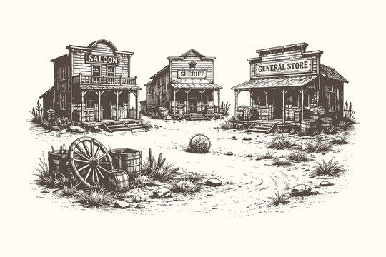 Vintage western town street vector illustration with old saloon and wooden buildings in detailed engraving style for poster, print and retro design