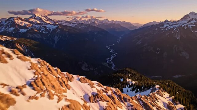 Observing Snowy Mountain Range at Sunset from Alpine Ridge
