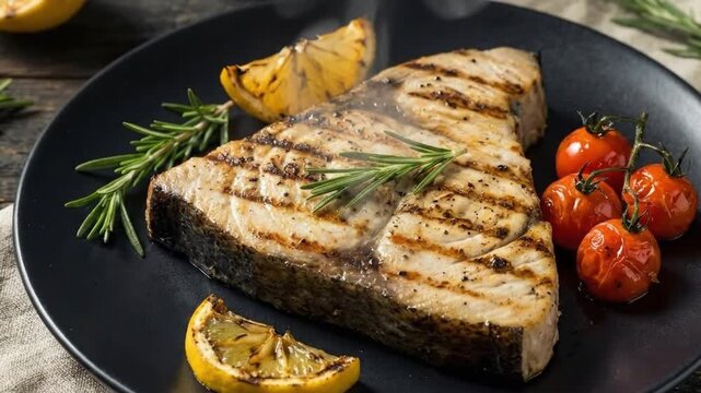 A tantalizing close-up shot of a freshly grilled seafood steak, perfectly cooked with distinct char marks, resting on an elegant dark plate. It's artfully garnished with aromatic fresh rosemary sprigs