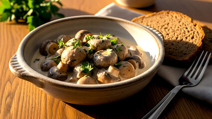 Still life, authentic Danish stegte champignoner med fløde (pan-fried mushrooms in cream), brown button mushrooms in a rich, velvety cream, thyme sauce, with fresh parsley 