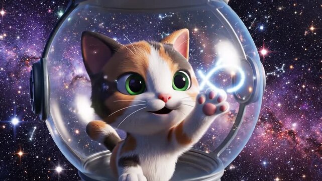 A cute cartoonish calico cat in a bubbly helmet peers inquisitively at the dazzling stellar constellations of the surrounding galaxy wonder, colorful, chibi