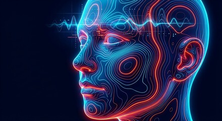 Futuristic human head with neon brain waves and pulse lines glowing