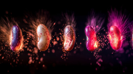Colorful bean varieties exploding like fireworks against starry backdrop, bursting into glowing life-energy particles.