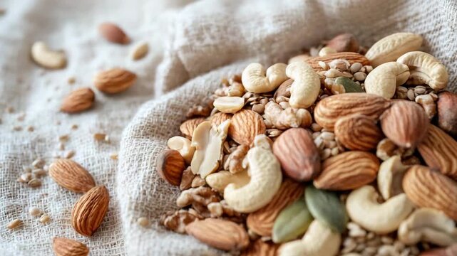Assorted nuts and seeds scattered on a burlap cloth background  