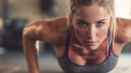 Woman performing a strenuous push-up, focused and sweating during her fitness workout