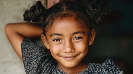 A young girl with pigtails stands indoors. She smiles widely her bright eyes reflecting joy. Light filters in through the window behind her highlighting her playful attitude.