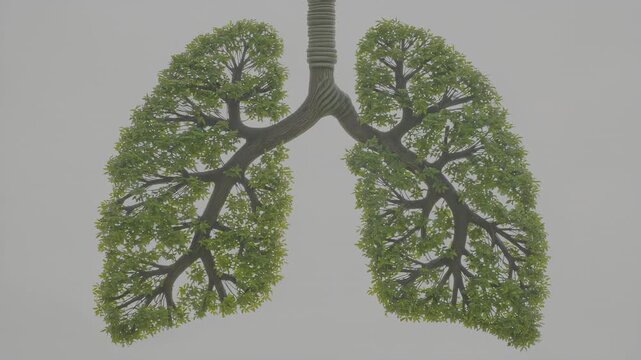 A creative representation of lungs made of green trees and branches against a gray background