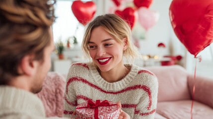 Smiling woman accepting a heart-shaped gift box from her partner, celebrating love
