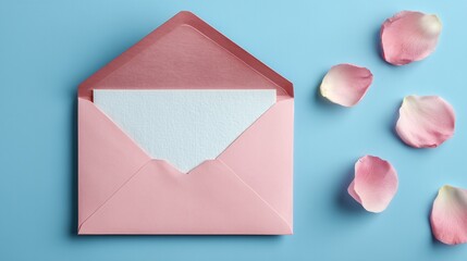 Pink envelope containing a blank textured card with scattered rose petals on a blue background