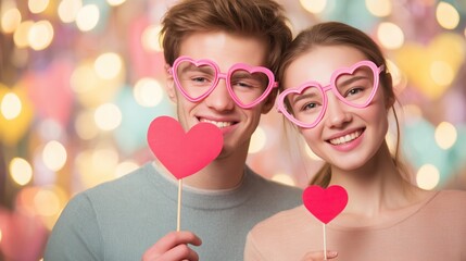 Happy young couple posing with heart props against a bokeh background for valentines day