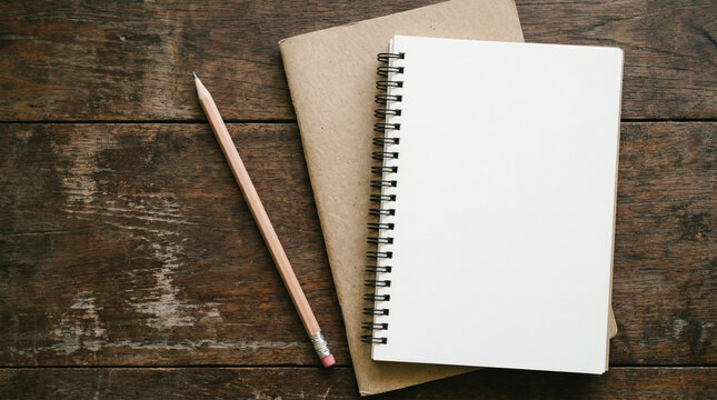 Top above overhead view flat lay photo of a blank notebook and wooden pencil beside isolated on wooden background with copyspace - Powered by Adobe