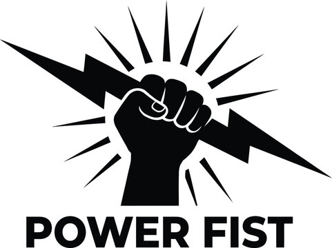A black and white graphic icon depicting a powerful fist gripping a lightning bolt with radiating energy