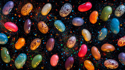 Colorful bean varieties exploding like fireworks against starry backdrop, bursting into glowing life-energy particles.