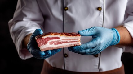 A chef wearing a white coat and blue gloves holds a thick slice of cured meat in a kitchen. The focus is on the chef's hands and the meat highlighting food preparation.