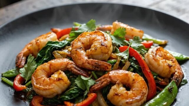 A vibrant and appetizing close-up shot showcasing a freshly prepared, healthy seafood and vegetable stir-fry. Succulent, grilled or pan-fried shrimp with a beautiful golden-brown sear are artfully arr
