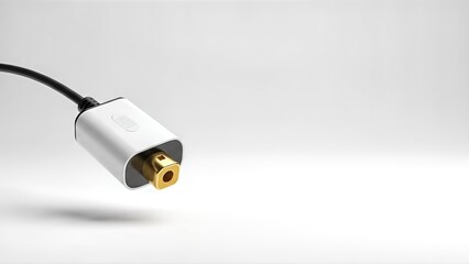 White electrical connector with a black cable floating on a clean white background.