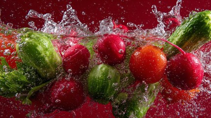 Fresh radishes, cucumbers, and colorful peppers splashing in clear water against a vibrant red background, capturing dynamic motion, crisp textures, and lively food photography for healthy culinary pr