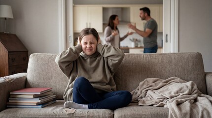 Upset girl covering ears during parents argument living room emotional scene domestic environment close-up view family conflict