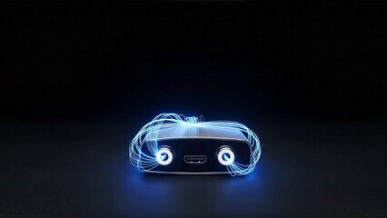 Futuristic concept vehicle with glowing blue energy trails on a dark background.