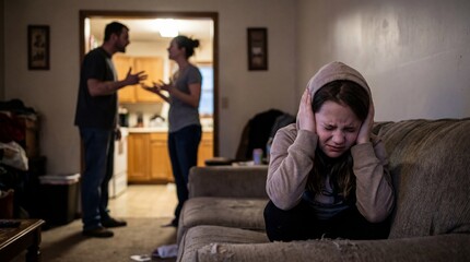 Conflict between parents disturbs upset girl living room emotional scene domestic environment close-up perspective family dynamics