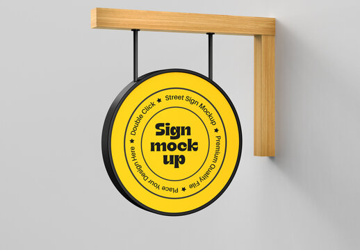 Round Wall Sign Mockup with Modern Wooden Bracket for Shop Branding