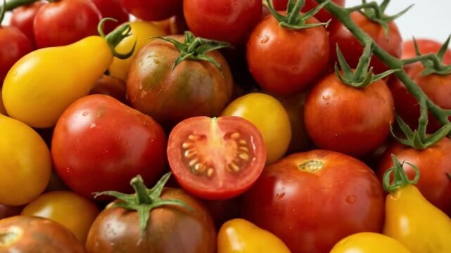 A vibrant and appetizing close-up showcases a rich variety of fresh, ripe tomatoes, featuring brilliant reds, sunny yellows, and deeper heirloom shades. Many tomatoes are adorned with glistening water