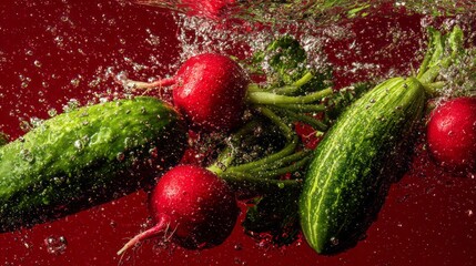 Fresh radishes, cucumbers, and colorful peppers splashing in clear water against a vibrant red background, capturing dynamic motion, crisp textures, and lively food photography for healthy culinary pr