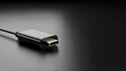 Black HDMI cable connector close up on a dark background.