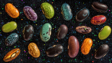 Colorful bean varieties exploding like fireworks against starry backdrop, bursting into glowing life-energy particles.