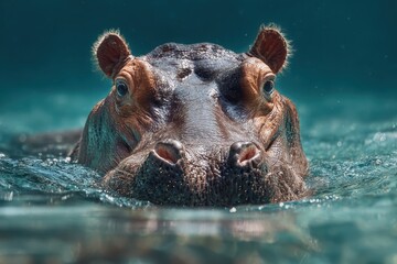 Fototapeta premium Hippopotamus surfaces in clear blue water, showcasing its large head and expressive features during a calm afternoon