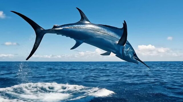 A swordfish leaping from the deep blue sea with splashes. Perfect for sport fishing, wildlife, ocean conservation, and adventure.