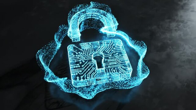 A glowing blue padlock with a circuitry design on a dark surface