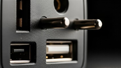 Black Universal Power Adapter with USB Ports Closeup.