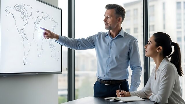Logistics manager pointing at blank world map screen while colleague taking notes, concept of alternative shipping routes and global supply chain diversification, realistic office environment,logistic
