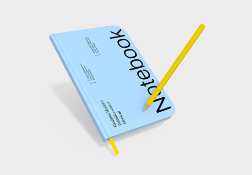 Realistic Modern Blue Notebook Mockup with Yellow Pencil and Bookmark