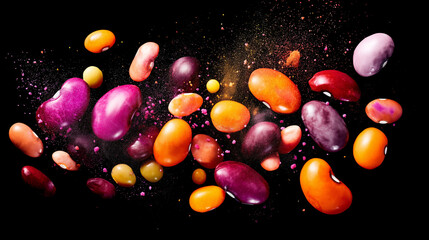 Colorful bean varieties exploding like fireworks against starry backdrop, bursting into glowing life-energy particles.