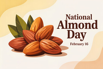 National Almond Day February Sixteen Fresh Roasted Almond Nuts With Green Leaves Healthy Snack Superfood Concept For Nutrition And Organic Food Illustration