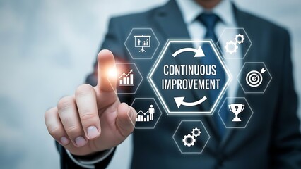 Businessman touching screen with continuous improvement icons and text hand finger
