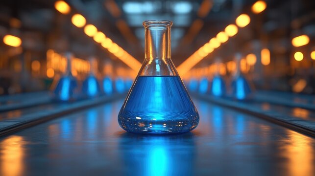 Laboratory flasks with blue liquid symbolize innovative composite material development