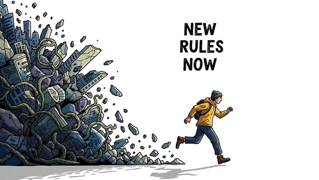 Man running from crumbling cityscape with new rules now