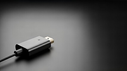 Black HDMI cable connector on a dark minimalist background.
