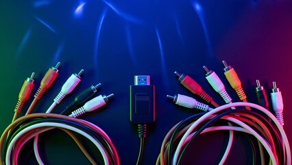 Assortment of Audio Video Cables with HDMI and RCA Plugs.