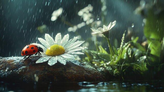 Ladybug Resting on a Daisy After Morning Rain