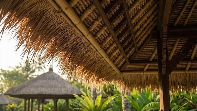 Warm sunlight illuminates the intricate straw thatch and wooden beams of a tropical pavilion roof overlooking lush green foliage.